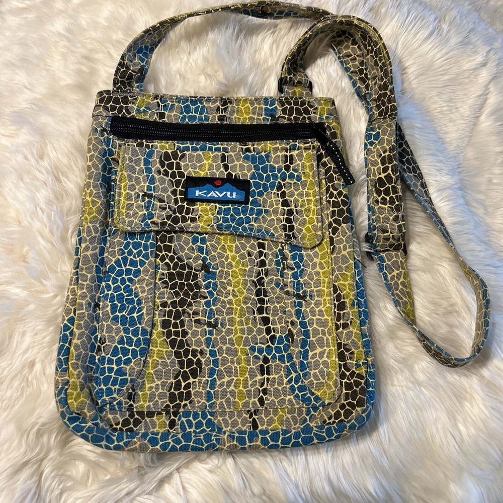 Kavu Canvas Crossbody Purse Snakeskin Teal Khaki Beige Brown Pockets Flap Front
